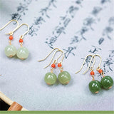 Natural Hetian Jade Round Earrings Chinese Style Gem Drop Earrings