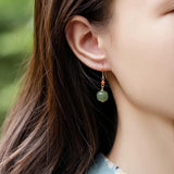 Natural Hetian Jade Round Earrings Chinese Style Gem Drop Earrings
