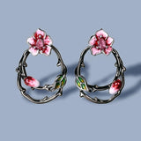 Enamel Peach Blossom Flower Hollow Earrings 925 Silver Jewelry