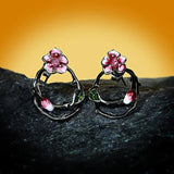 Enamel Peach Blossom Flower Hollow Earrings 925 Silver Jewelry
