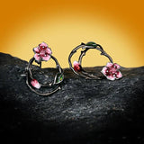 Enamel Peach Blossom Flower Hollow Earrings 925 Silver Jewelry