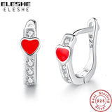 Red Enamel Heart Crystal Stud Earrings 925 Silver Christmas Jewelry