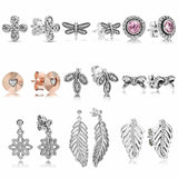 925 Silver Rose Sparkling Leaves Bow Petite Dragonfly Earrings
