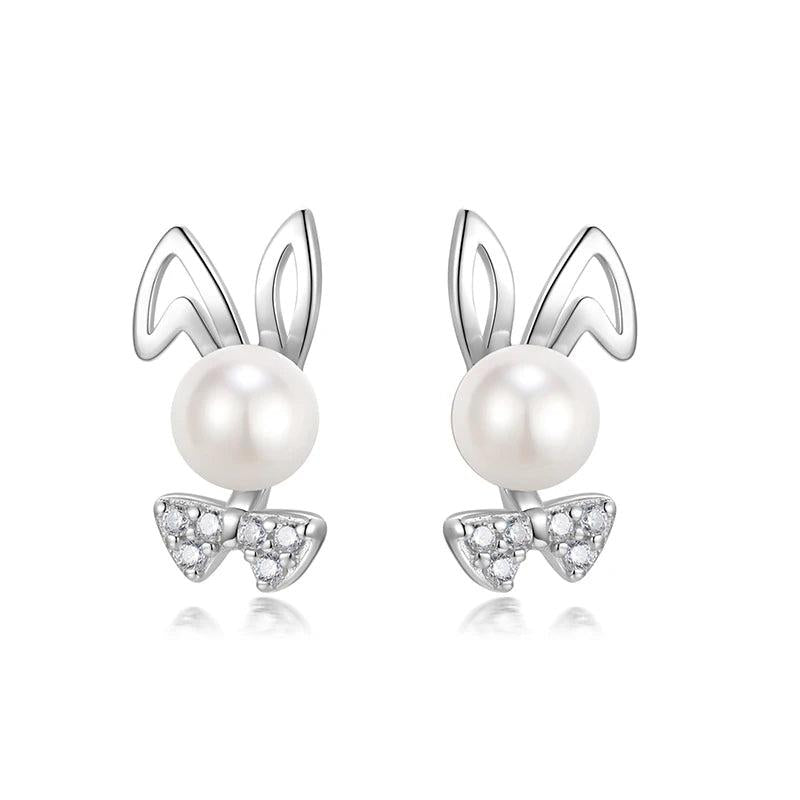 925 Sterling Silver Pearl Rabbit Stud Earrings for Girls