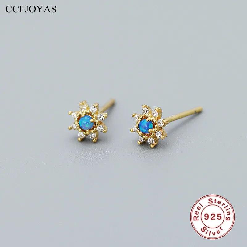 925 Silver Opal Stud Earrings Mini Flower Piercing Jewelry