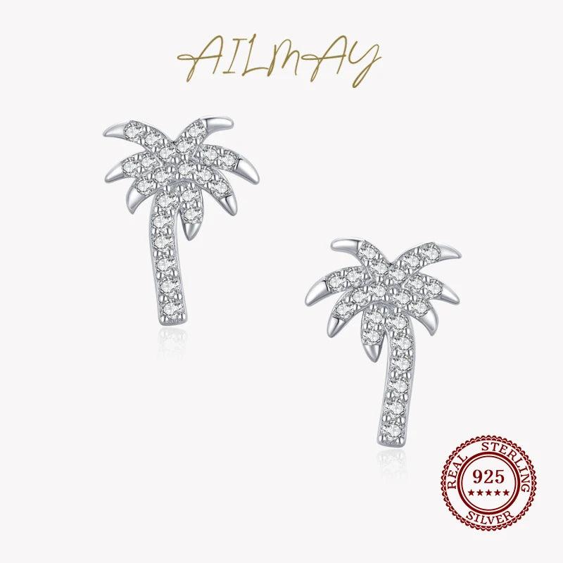 925 Silver Coconut Tree Zircon Stud Earrings Clear CZ Women Wedding Jewelry
