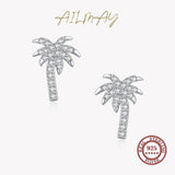 925 Silver Coconut Tree Zircon Stud Earrings Clear CZ Women Wedding Jewelry