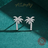 925 Silver Coconut Tree Zircon Stud Earrings Clear CZ Women Wedding Jewelry