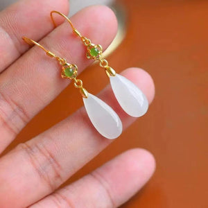 Ancient inlaid Hetian jade drop earrings, silver jewelry