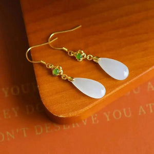 Ancient inlaid Hetian jade drop earrings, silver jewelry