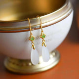 Ancient inlaid Hetian jade drop earrings, silver jewelry