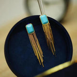 Silver Inlaid Turquoise Tassel Earrings for Women