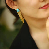 Silver Inlaid Turquoise Tassel Earrings for Women