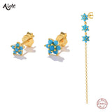 925 Silver Turquoise Flower Stud Earrings Zircon Chain Piercing
