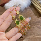 Hetian Sapphire Tassel Feather Earrings Chinese Retro Silver Jewelry