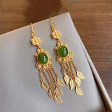 Hetian Sapphire Tassel Feather Earrings Chinese Retro Silver Jewelry