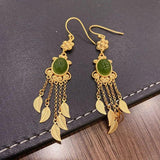 Hetian Sapphire Tassel Feather Earrings Chinese Retro Silver Jewelry