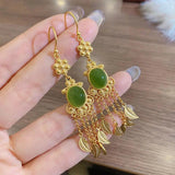 Hetian Sapphire Tassel Feather Earrings Chinese Retro Silver Jewelry