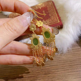 Hetian Sapphire Tassel Feather Earrings Chinese Retro Silver Jewelry