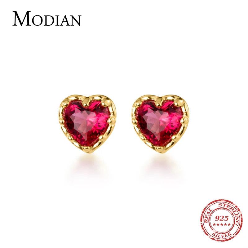 Red Crystal Hearts Stud Earrings 925 Sterling Silver Wedding Jewelry
