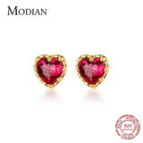 Red Crystal Hearts Stud Earrings 925 Sterling Silver Wedding Jewelry