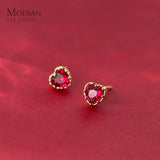 Red Crystal Hearts Stud Earrings 925 Sterling Silver Wedding Jewelry