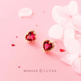 Red Crystal Hearts Stud Earrings 925 Sterling Silver Wedding Jewelry