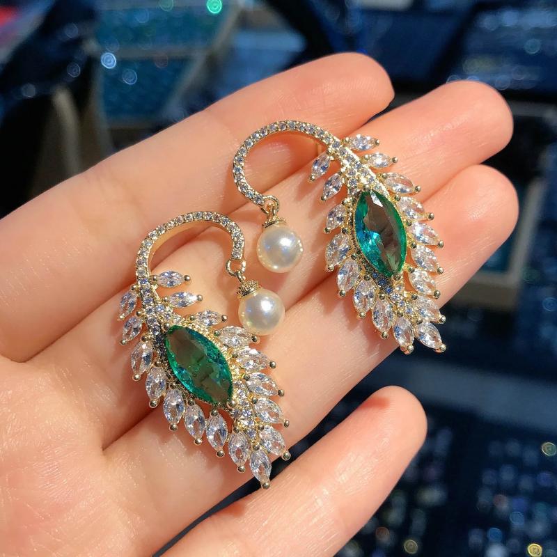 925 Silver Peacock Feather Green Zircon Earrings