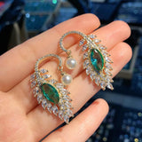 925 Silver Peacock Feather Green Zircon Earrings