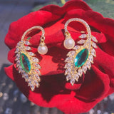 925 Silver Peacock Feather Green Zircon Earrings
