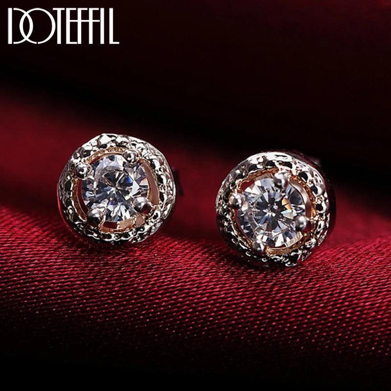 925 Silver Round Zircon Stud Earrings Women Wedding Charm