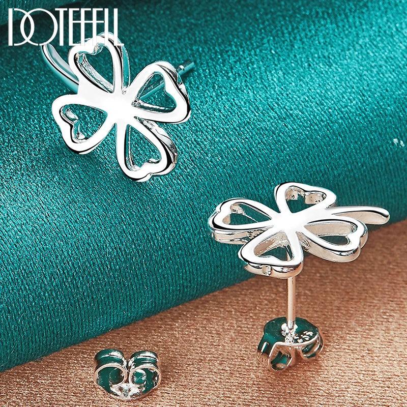 925 Silver Four-Leaf Clover Stud Earrings Wedding Charm Jewelry
