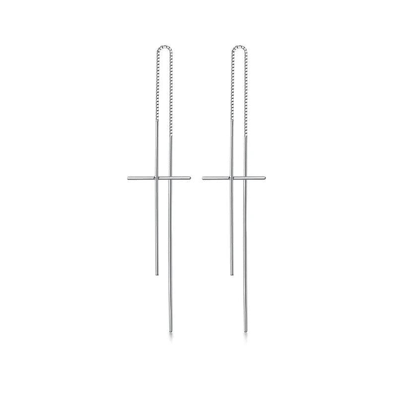 925 Silver Cross Drop Earrings Chain Tassel Fine Jewelry