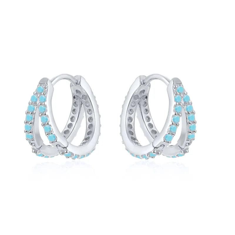 925 Silver Earrings Turquoise Zircon Double-row Hoops Women's Jewelry