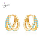 925 Silver Earrings Turquoise Zircon Double-row Hoops Women's Jewelry