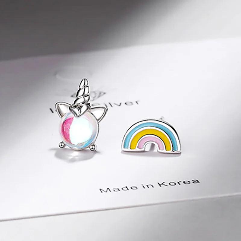 925 Silver Colorful Moonstone Earrings Small Fresh Unicorn Rainbow Jewelry