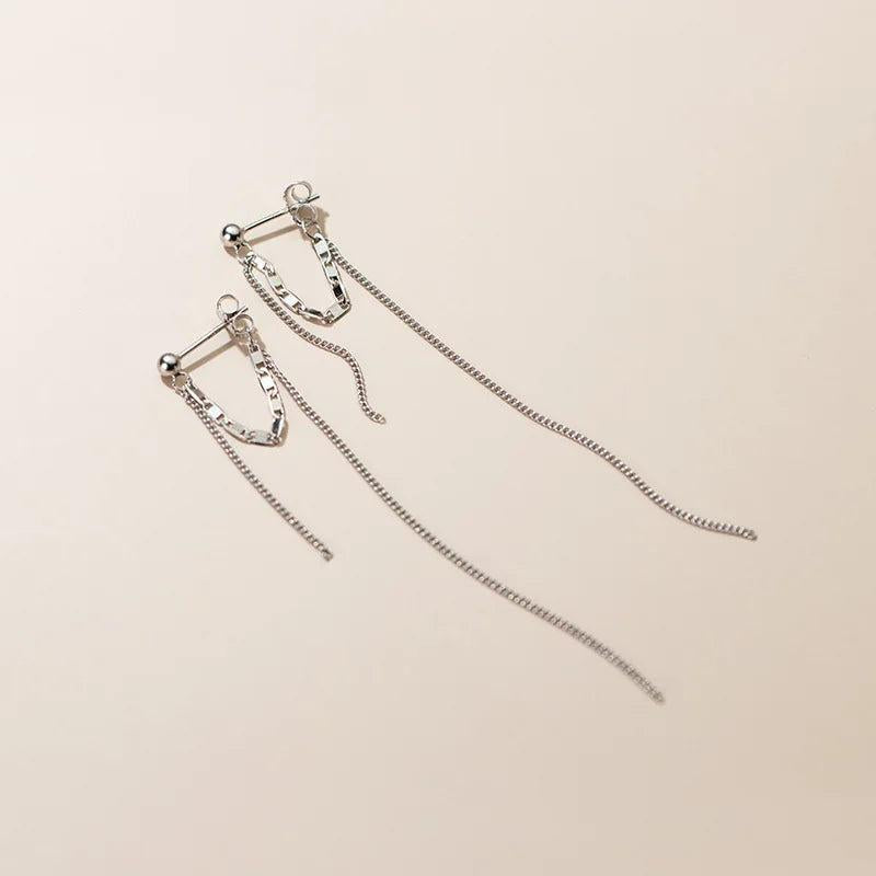 Davis Real 925 Sterling Silver Long Double Chain Stud Earrings For Women