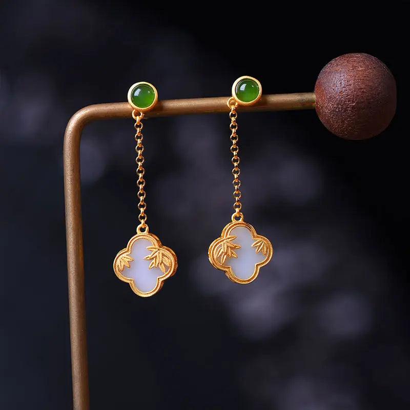 Natural Hetian Jade Long Plant Earrings Chinese Retro Craft Charm Women's Jewelr