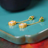 Natural Hetian Jade Long Plant Earrings Chinese Retro Craft Charm Women's Jewelr