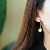 Natural Hetian Jade Long Plant Earrings Chinese Retro Craft Charm Women's Jewelr