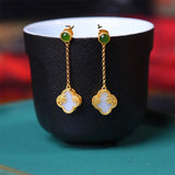 Natural Hetian Jade Long Plant Earrings Chinese Retro Craft Charm Women's Jewelr