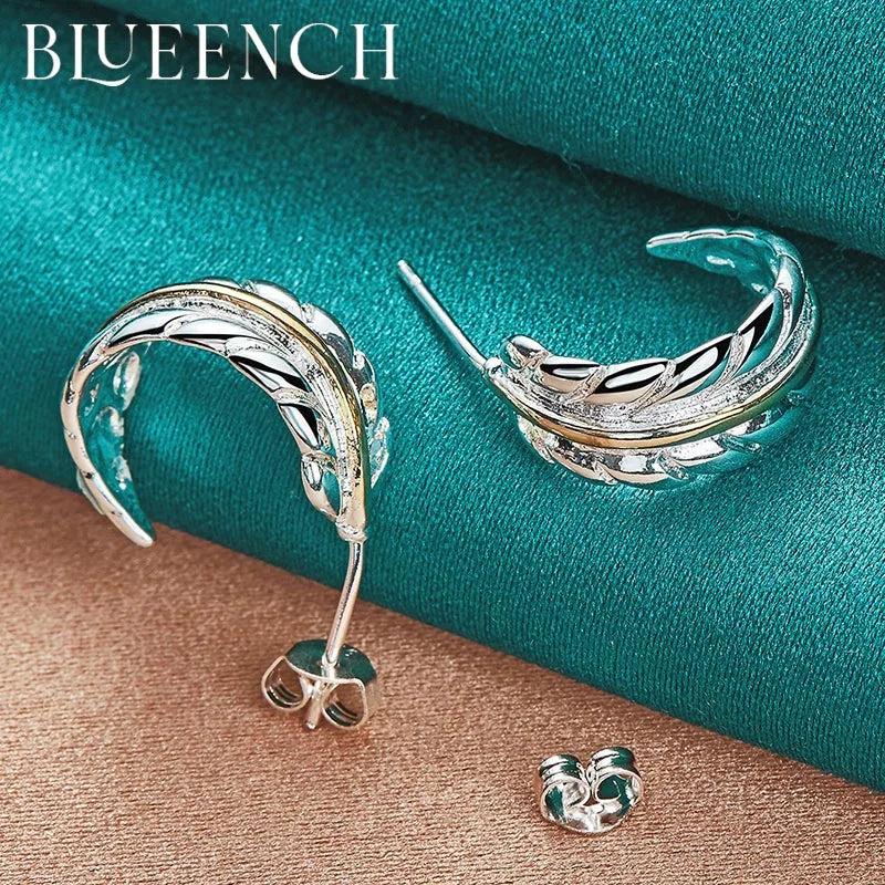 925 Silver Feather Stud Earrings Women's Wedding Charm Jewelry