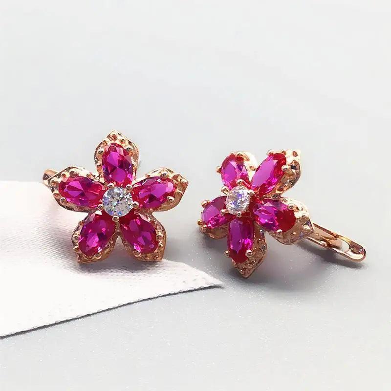 14K Rose Gold Plated Ruby Flower Earrings for Women