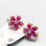 14K Rose Gold Plated Ruby Flower Earrings for Women
