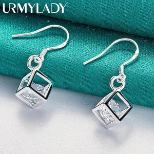 925 Silver Cube Square Zircon Earrings for Women Wedding Jewelry