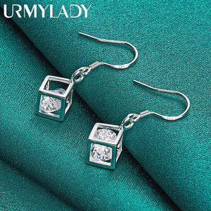 925 Silver Cube Square Zircon Earrings for Women Wedding Jewelry