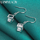 925 Silver Cube Square Zircon Earrings for Women Wedding Jewelry