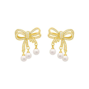 Karopel Zircon Pearl Bow Earrings Party Ladies Christmas Stud Earrings