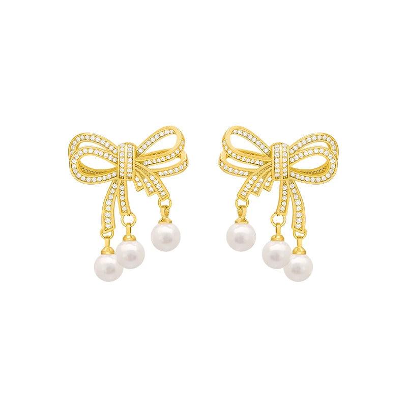 Karopel Zircon Pearl Bow Earrings Party Ladies Christmas Stud Earrings