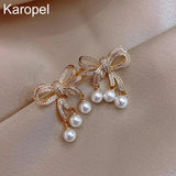Karopel Zircon Pearl Bow Earrings Party Ladies Christmas Stud Earrings
